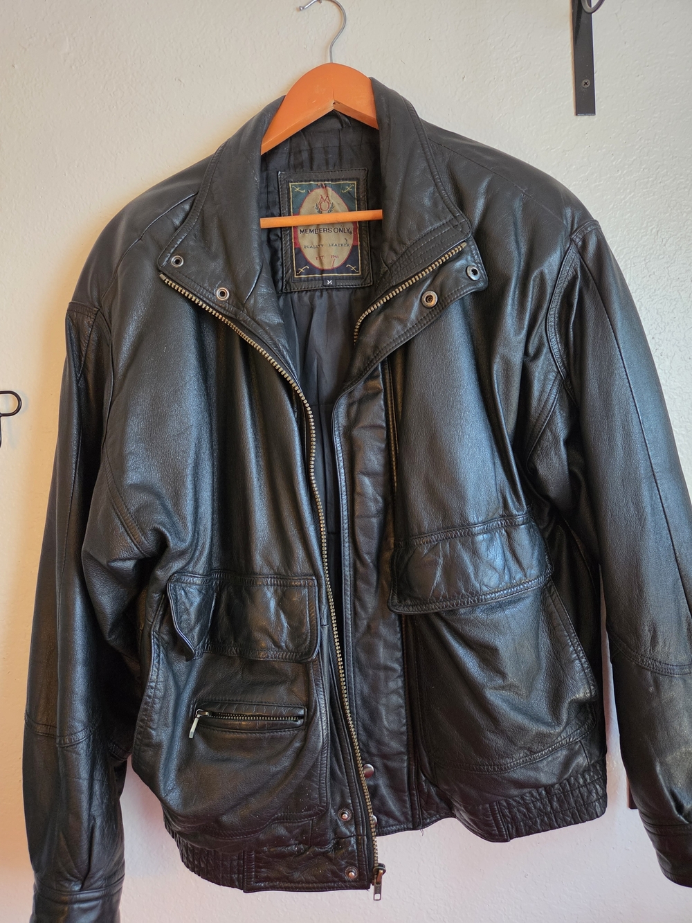 Members Only Black Leather Bomber Jacket with Front Pockets